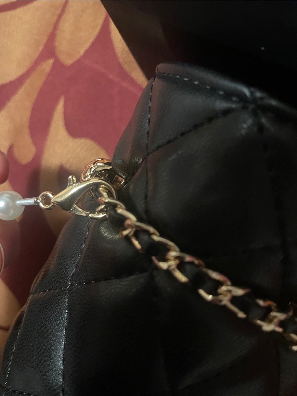 GWP Black Quilted Lambskin Mini Bucket with Gold Chain and Pearl Strap - Picture 8 of 17